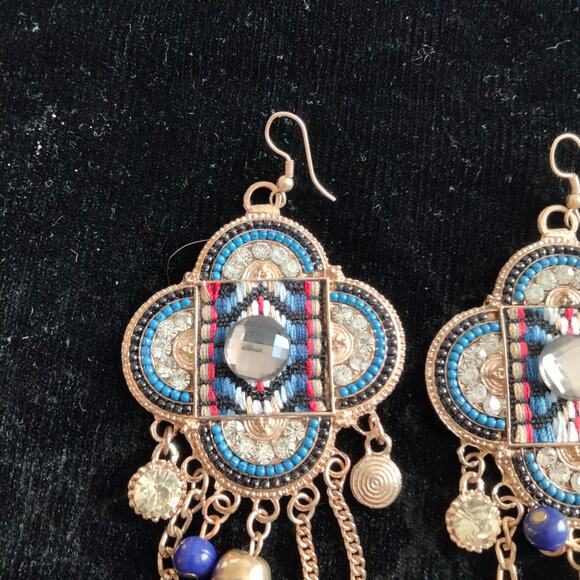 Iris Apfel & Bajalia Blue & Gold Embellished Tasseled HUGE Statement Earrings - Picture 9 of 11